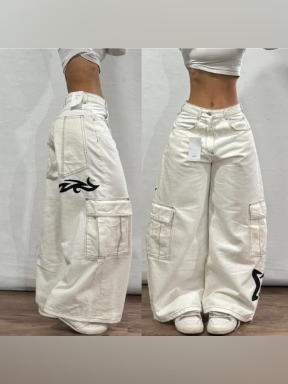 Bershka Wide Leg Super Baggy Cargo Pants White Denim Women’s Size 2